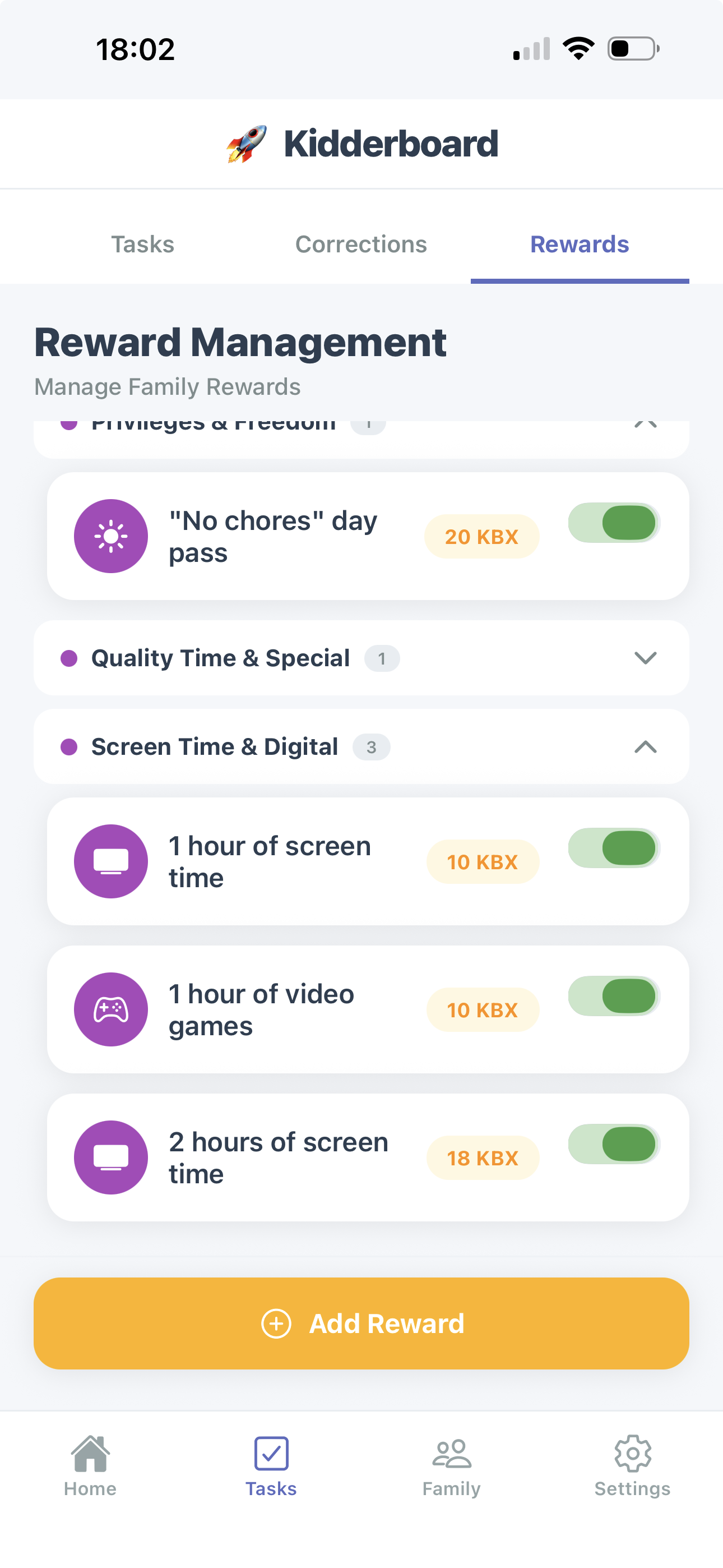 Kidderboard app showing family goals tracker